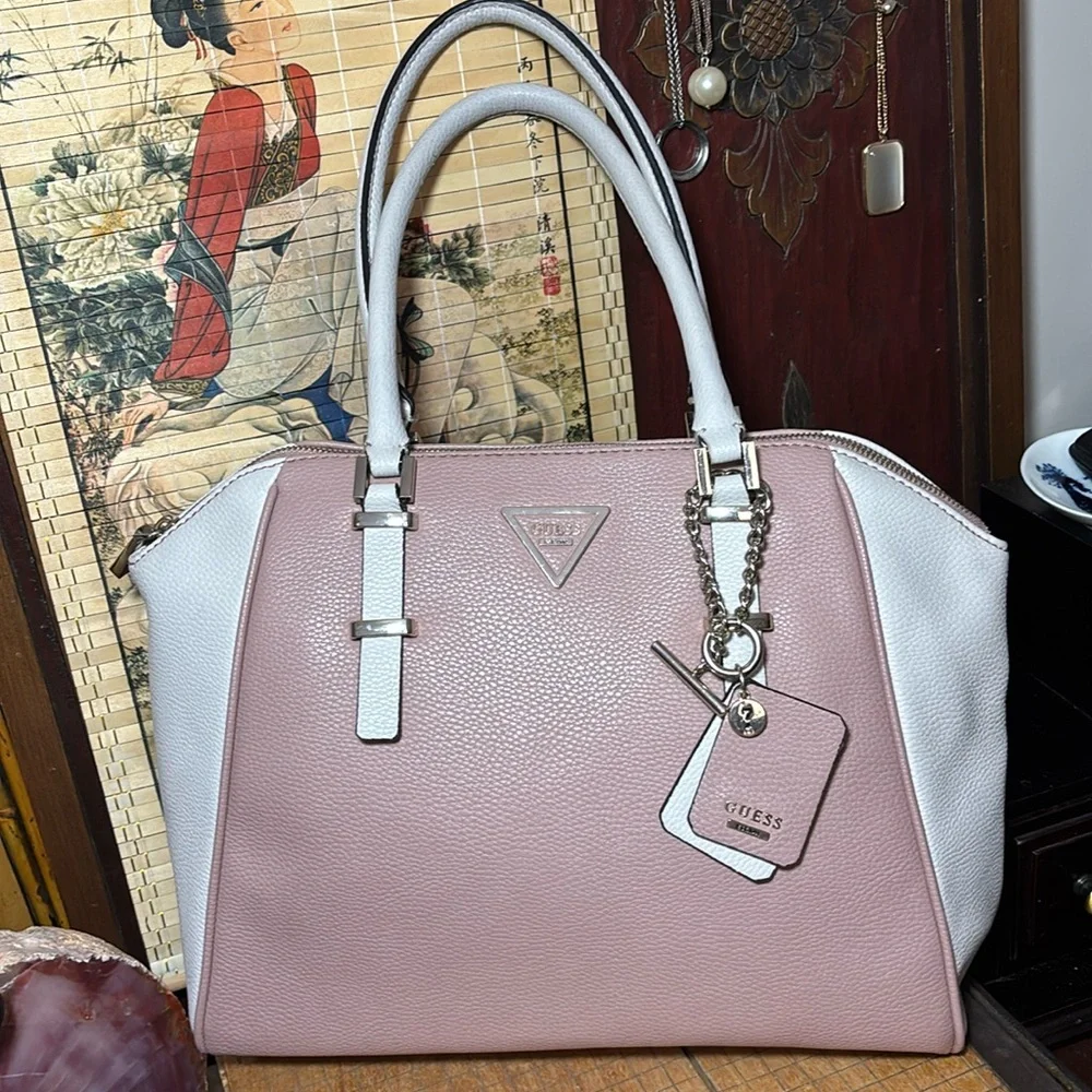 Guess Two-Tone Pink and White Women's Bag 13”Lx10.5”Hx7”W w Silver Bag Charm GUC